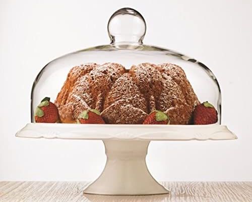 Circular Glass Cream Cake Stand In Ribbed Style