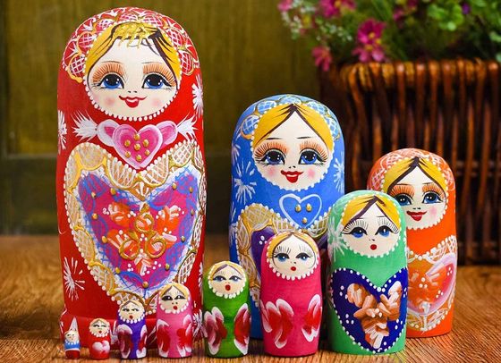 Russian Nesting Dolls Set In Blue And Red