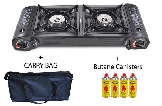 Dual Burner Stove With 4 Yellow Canisters