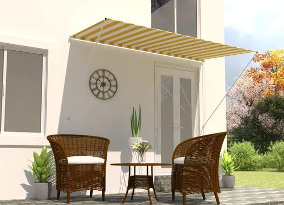 Retractable Awning For Home With Yellow White Stripes