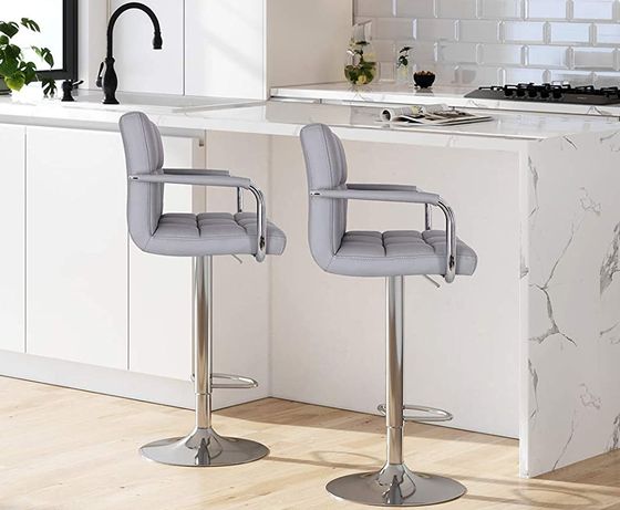 Grey Adjustable Height Bar Stool With Quilt Seat