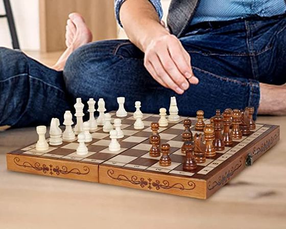 Folding Travel Chess Set In Brown Finish