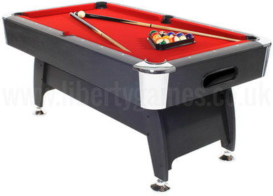 Solid 6 Foot Black Pool Table With Red Cloth