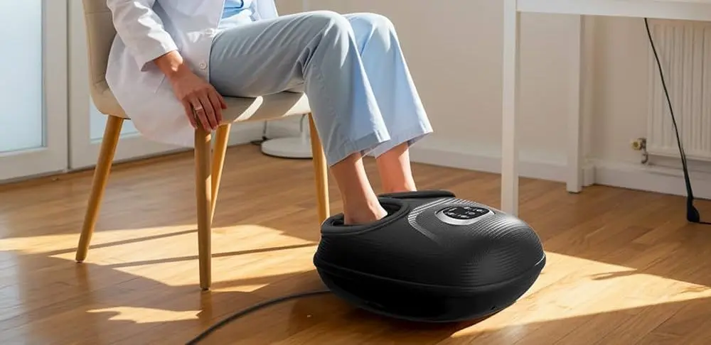 Foot And Calf Massager Machine On Wooden Floor