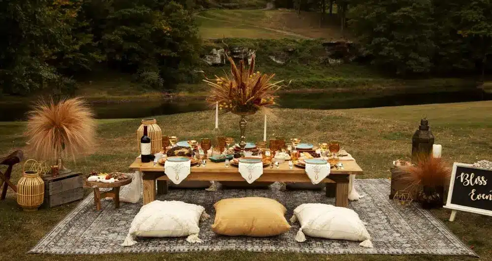 Picnic In Large Garden With Wine