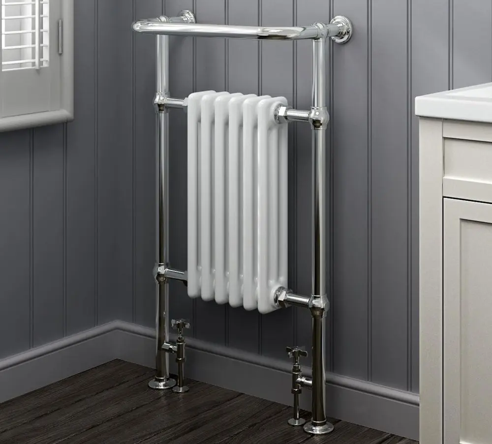 Slim Heated Towel Rail On Wood Floor
