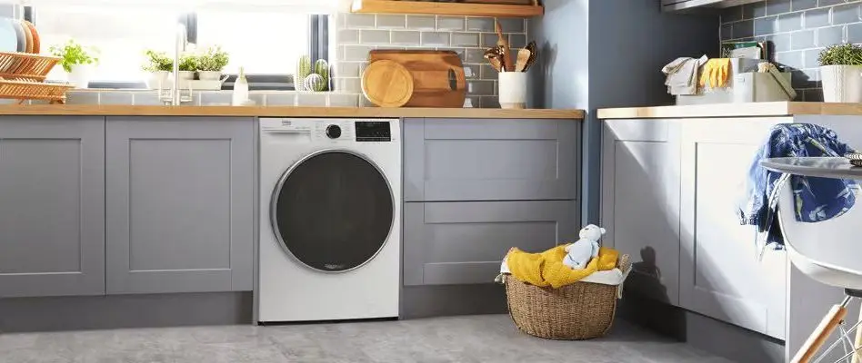White Compact Washer In Busy Kitchen