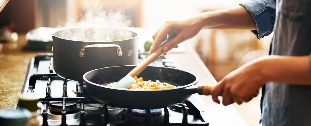 Enamel Coated Cast Iron Skillet In Kitchen