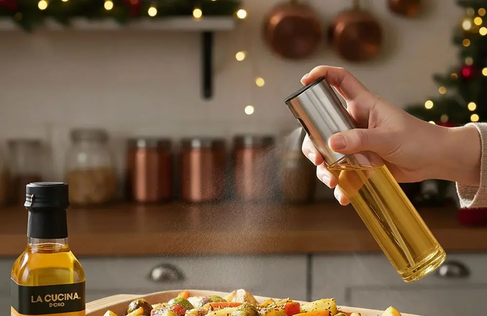 Spray Cooking Oil Bottle On Veg