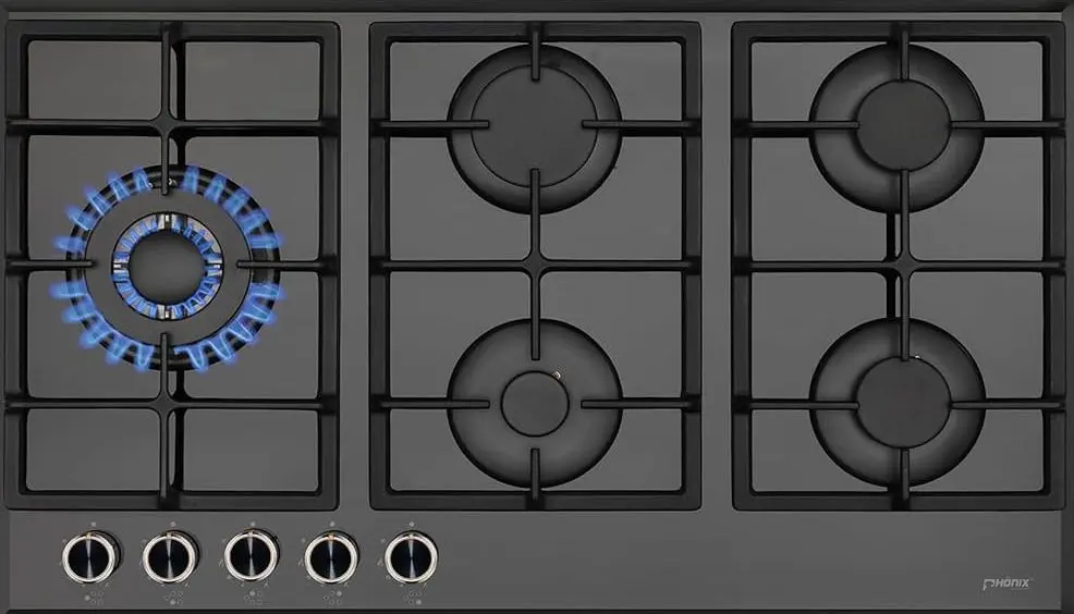 Polished Black Glass Gas 5 Burner Hob