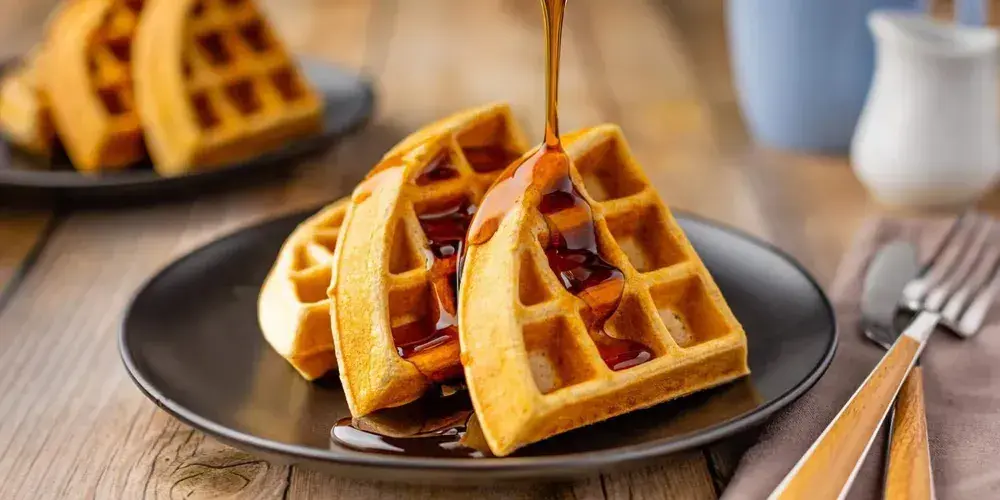 Fluffy Waffles Quartered With Fork