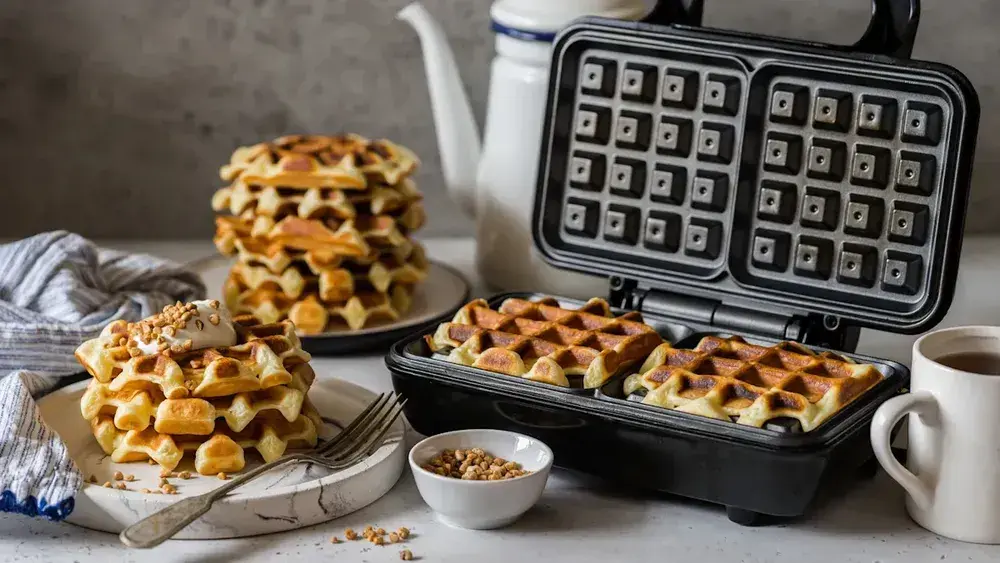 Stacked Waffles And Machine Cooking