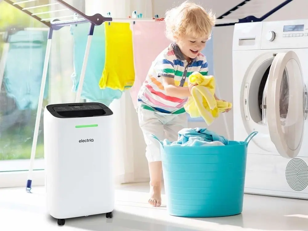 White ElectriQ 12L Portable Dehumidifier In Laundry Room