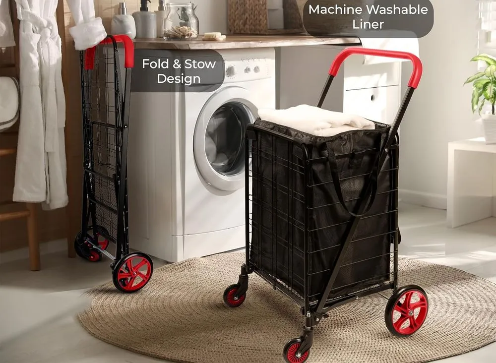 SereneLife 360° Swivel Shopping Trolley On 4 Red Wheels