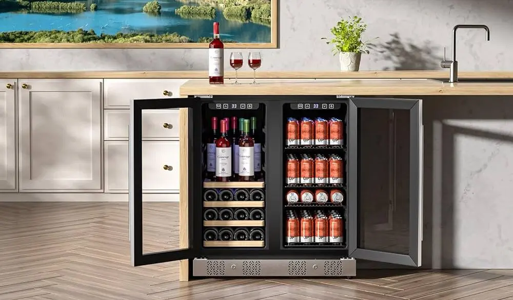 Wine Cooler Refrigerator On Wooden Floor