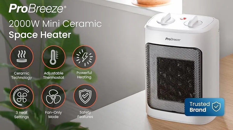 Pro Breeze Mini Ceramic Fan Heater Thermostat