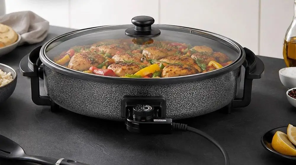 Electric Frying Pan With Lid In Black