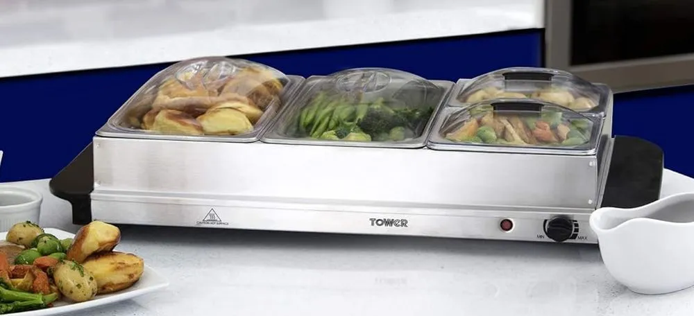 Tower x4 Trays Hot Food Warmer In Steel Finish