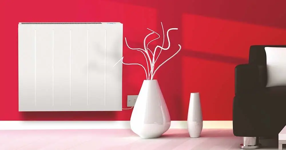 2kw Panel Heater On Red Wall. Electric Panel Heaters & Slim Radiators.
