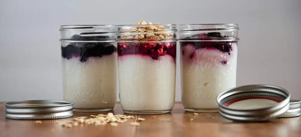Frozen Yogurt Blend In Jars On Table. Best Yoghurt Maker Automatic Machines.
