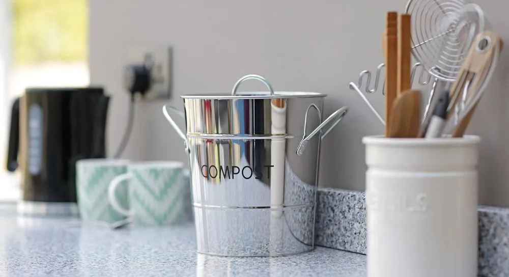 All-Green Kitchen Compost Caddy In Polished Steel
