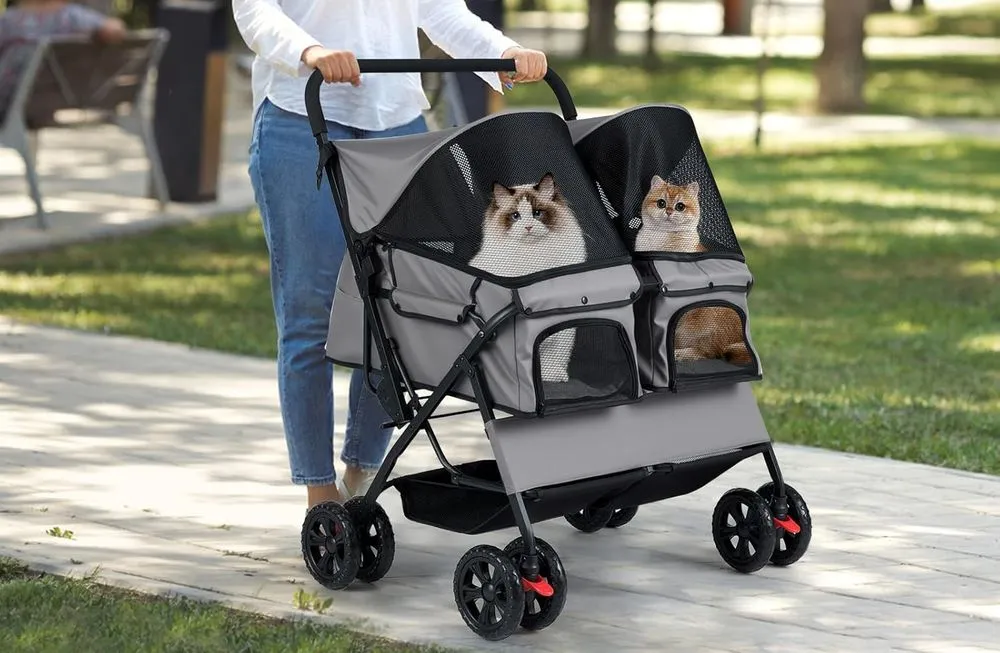 Maxmass Foldable Double Pet Stroller with 4 Wheels