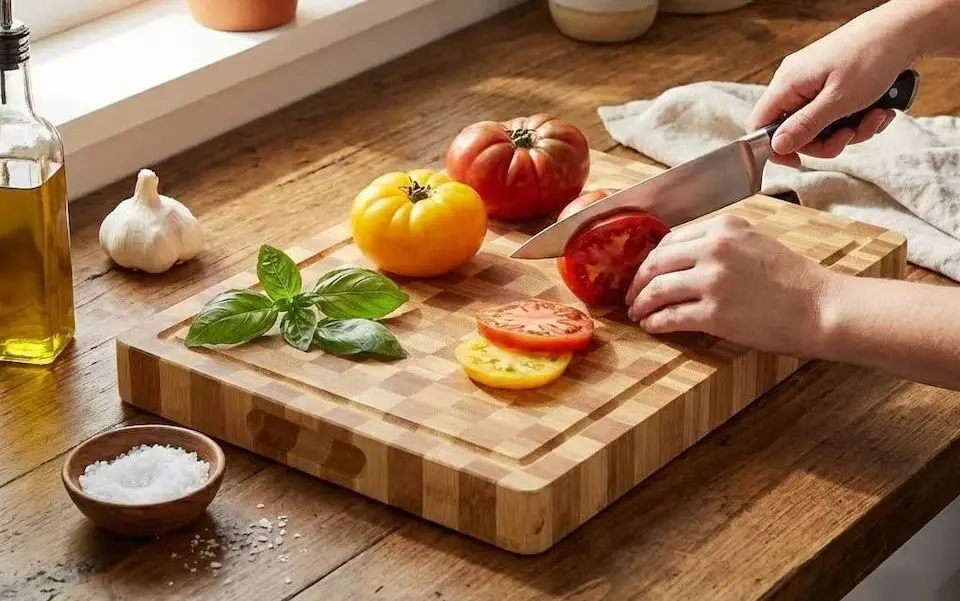 Bamboo Bread Cutting Board & Peppers