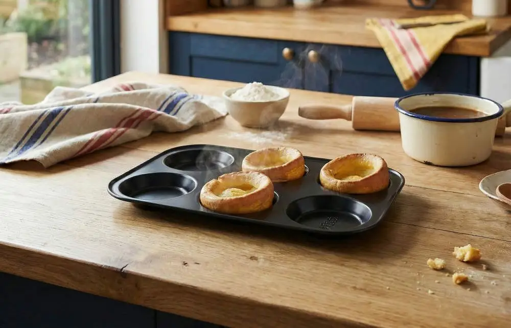 6 Hole Yorkshire Pudding Tray On Table. The Best Yorkshire Pudding Tin Top Non-Stick Trays.